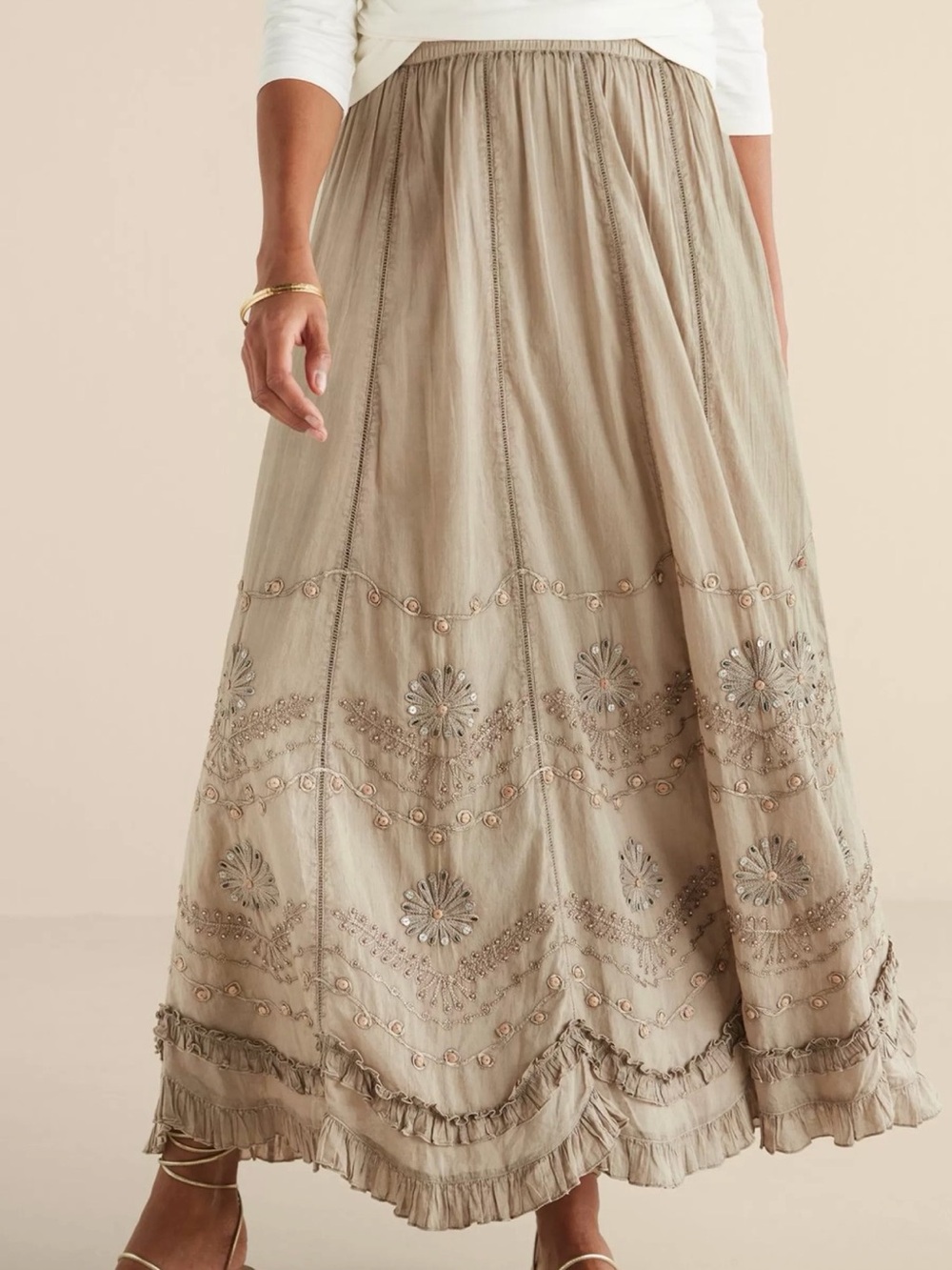 NWT Soft Surroundings Portia Skirt PM Petite Dusty Aqua Boho Embroidered Beaded